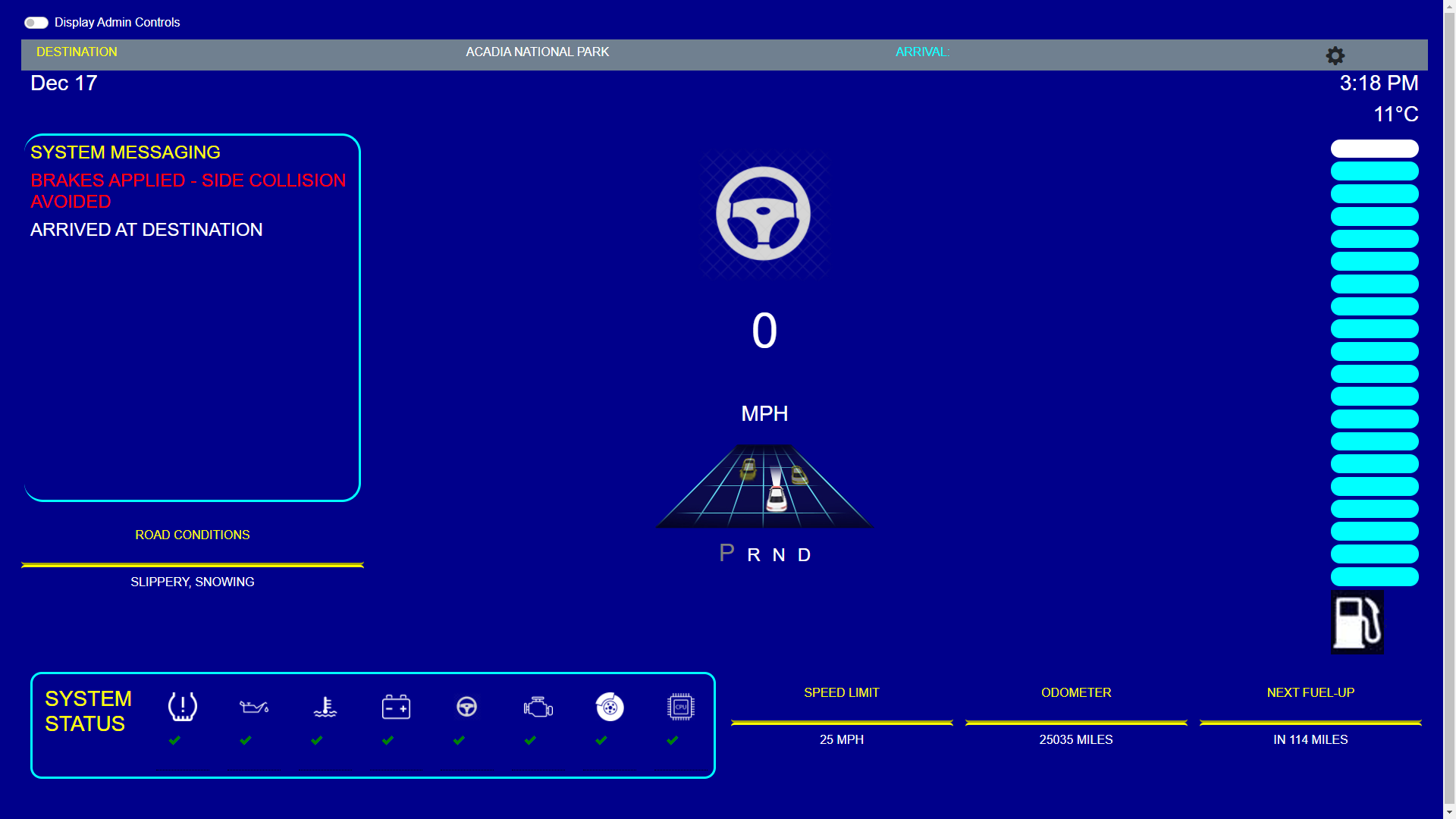 An animation of the user interface depicts Phil arriving at his destination. A system message stating "Arrived at Destination" is displayed.