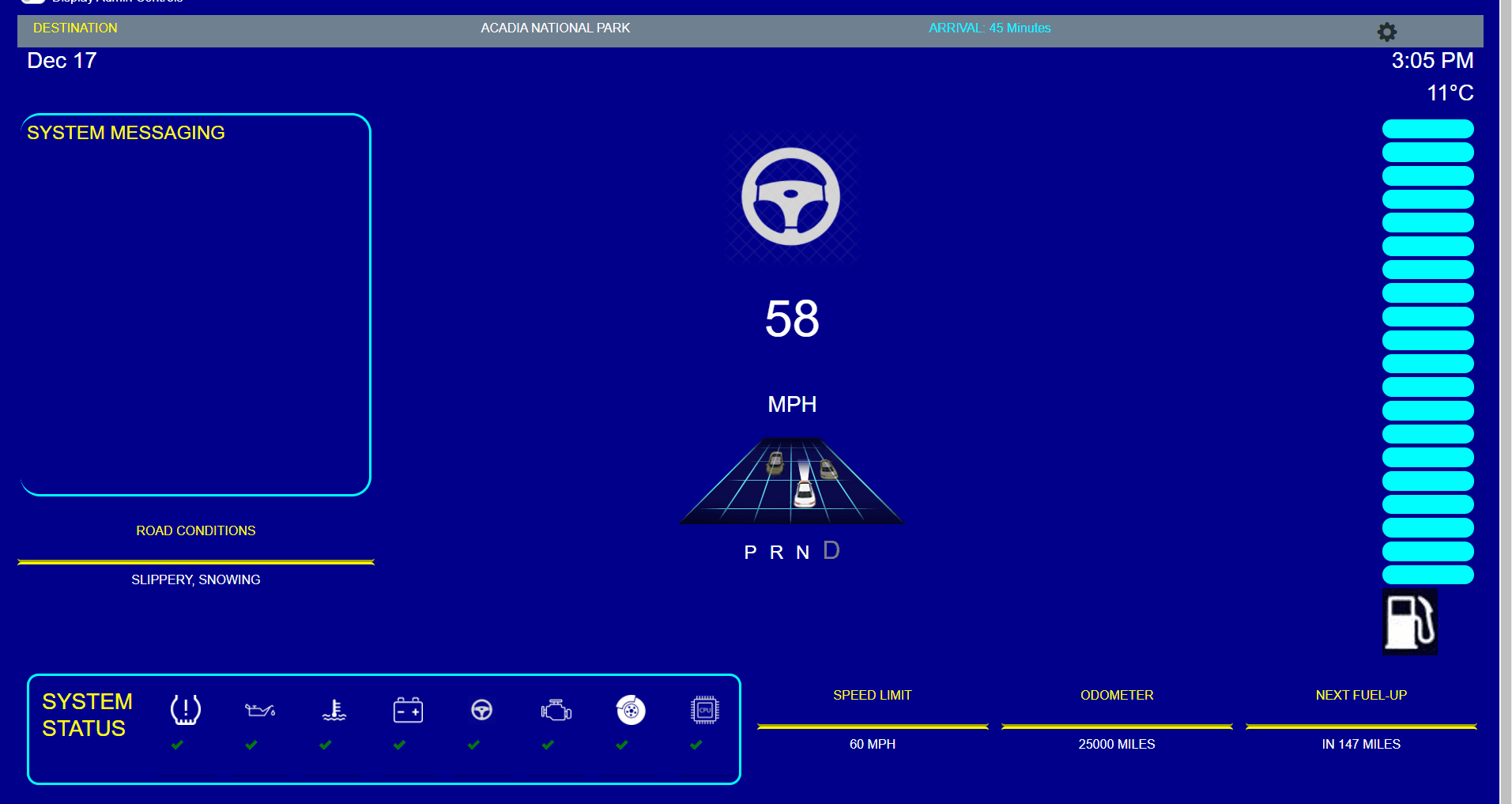 An animation of the user interface depicts Phil checking his system status through the icons on the main screen, as well as toggling to the system status screen for additional details on vehicle health.