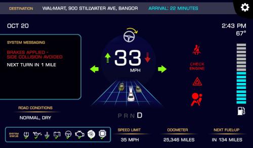 A dashboard mockup of figure 2, depicting the user interface with all possible icons displayed. This includes all features depicted in Figure 1, as well as risk avoidance messaging, turn signals, steering wheel turning, and error lights, such as seatbelts, check engine, hazards, and airbags.