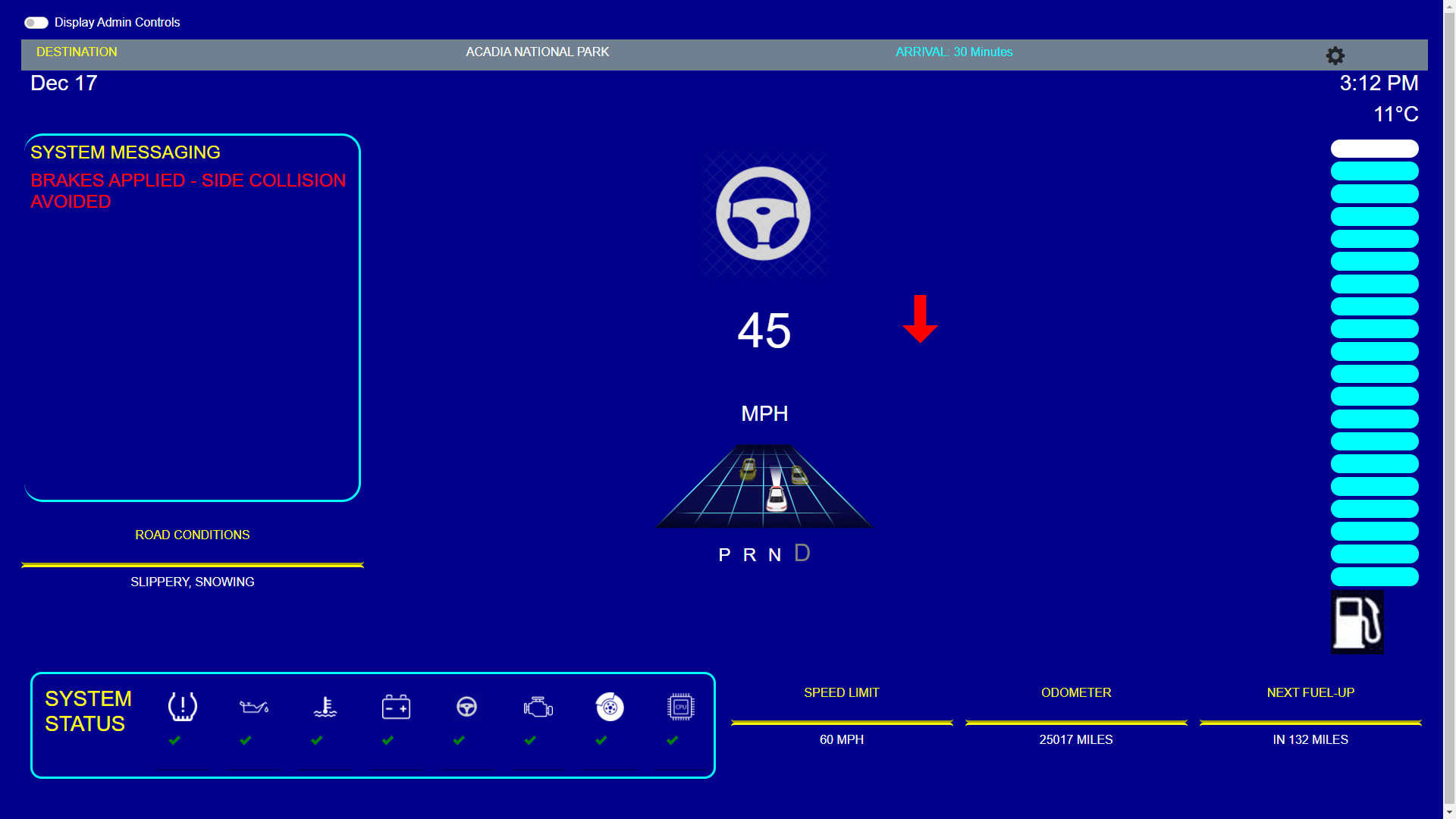 An animation of the user interface depicts Phil's vehicle braking to avoid a side collision. A system message stating "Brakes Applied - Side Collision Avoided" is displayed.