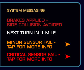 A dashboard mockup of figure 3, which is a close-up of the system messaging panel in the larger interface. Example messages include: "Brakes Applied - Side Collision Avoided", "Next Turn in 1 Mile", "Minor Sensor Fail - Tap for More Info", and "Critical Sensor Fail - Tap for More Info".